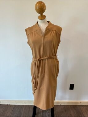 Sleeveless Belted Midi Dress in Camel, vintage wool Roadrunner